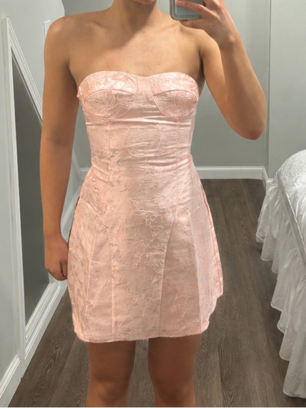 Peppermayo Strapless Blush Pink Lace Mini Dress